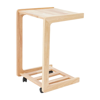 Rubber Wood C-Shaped Side Table with Storage Shelf & Casters, Mobile Sofa End Table for Small Spaces