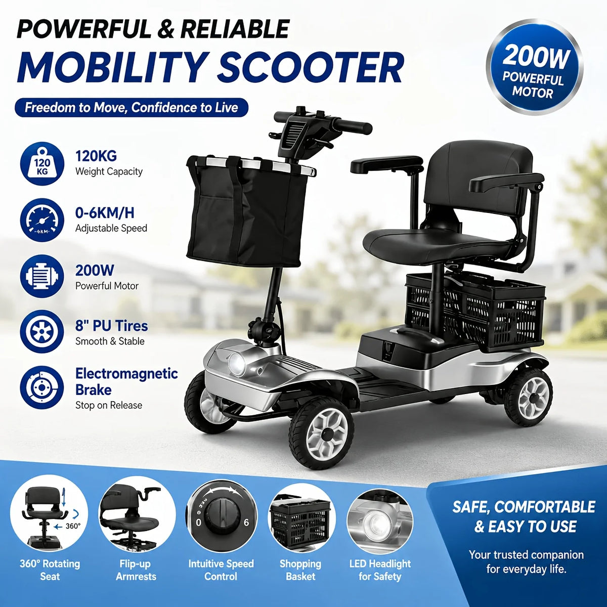 Electric Mobility Scooter for Seniors – 265 lbs Capacity, Electromagnetic Brake, LED Light, Ergonomic Handle & Shopping Basket