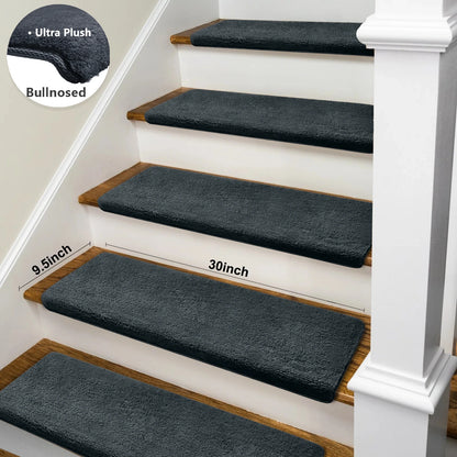 Non-Slip Bullnose Stair Treads, Ultra-Plush Washable Self-Adhesive Carpet Mats for Indoor Steps & Senior Home Safety