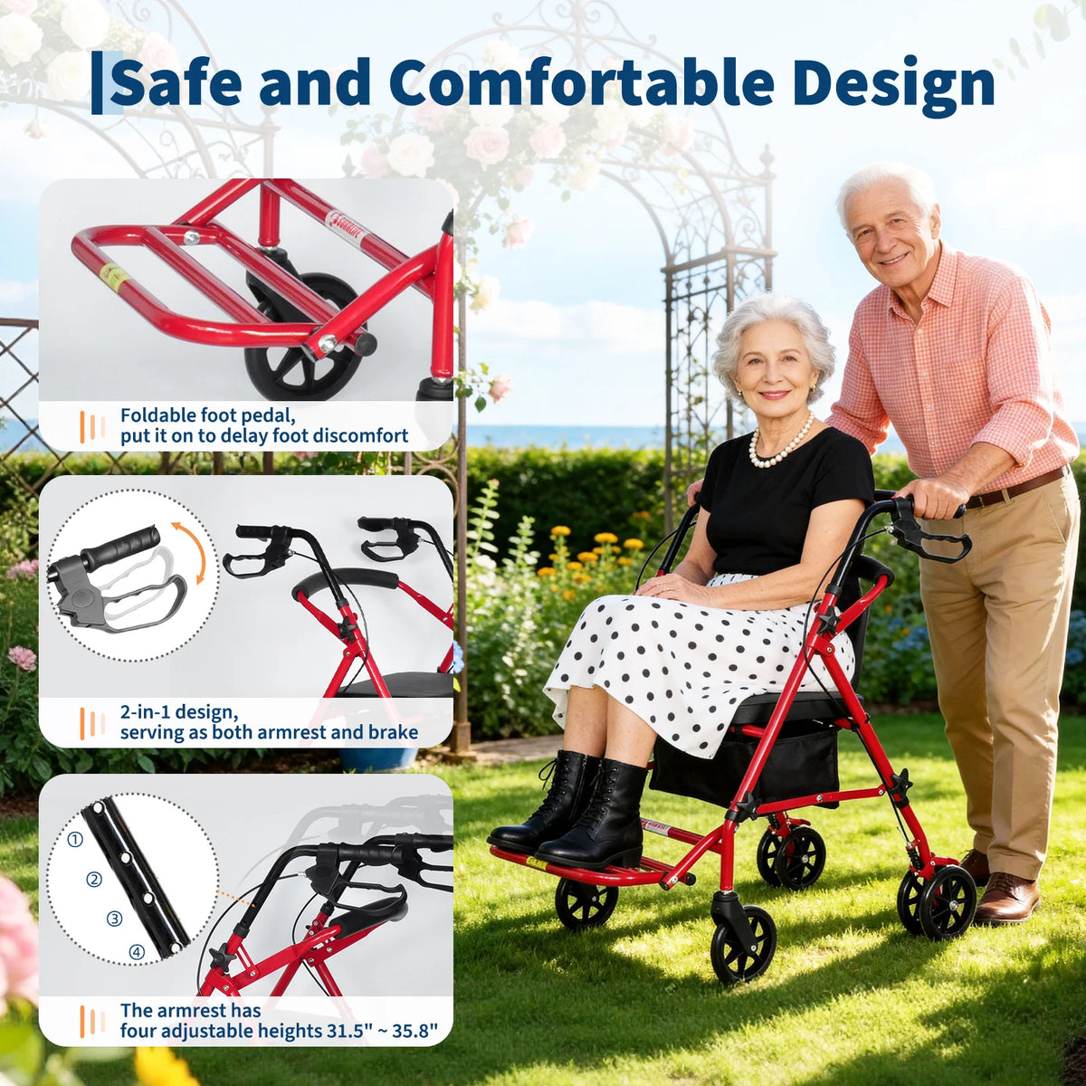 Lightweight Foldable Transport Wheelchair for Adults – Portable Travel Chair with Adjustable Height & Under-Seat Storage