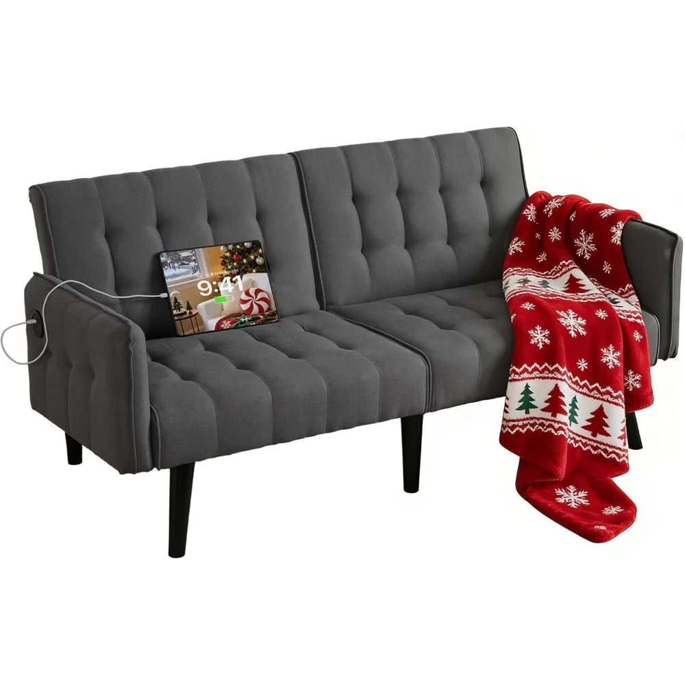 65-Inch Futon Sofa Bed – Convertible Tufted Loveseat with Adjustable Backrest & Dual USB Charging for Small Spaces, Dark Grey