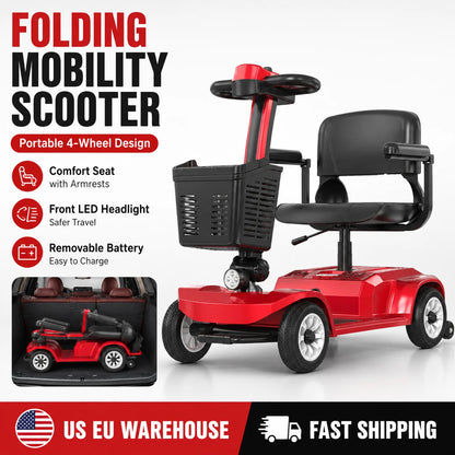 4-Wheel Electric Mobility Scooter for Adults, 250W Motor, 24V Battery, 12-Mile Range, 418 lb Capacity, Foldable with Basket