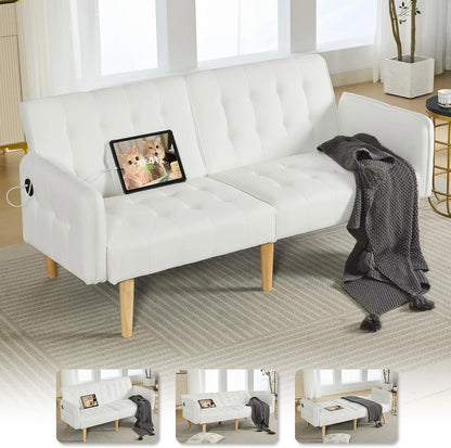 65-Inch Futon Sofa Bed – Convertible Tufted Loveseat with Adjustable Backrest & Dual USB Charging for Small Spaces, Dark Grey