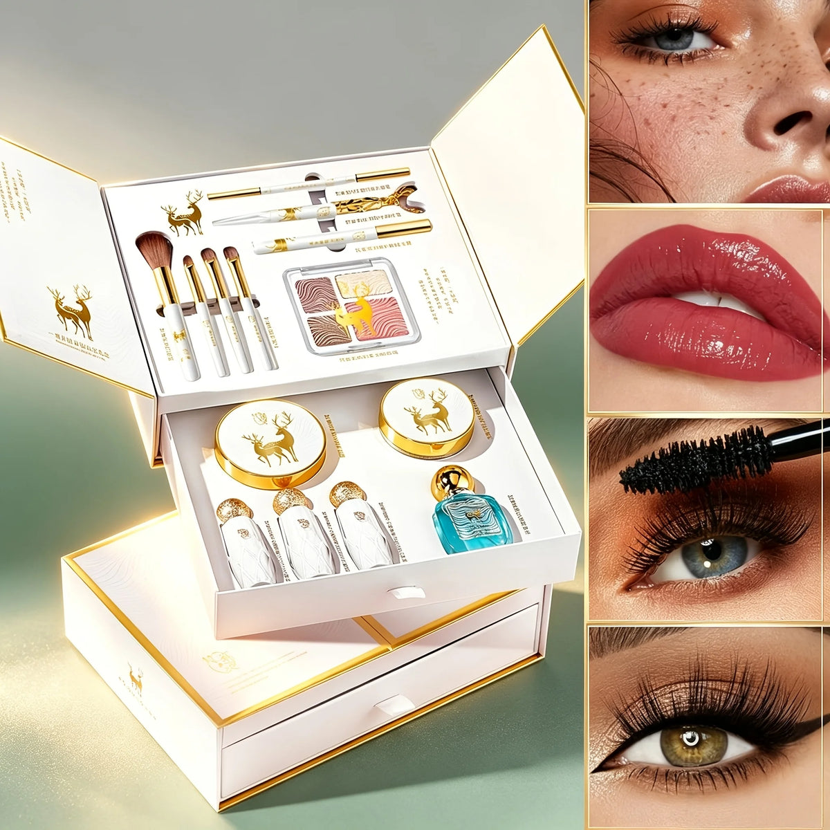 Deer-Themed Makeup Gift Set with Blush, Eyeshadow Palette, Lipstick & Lip Gloss