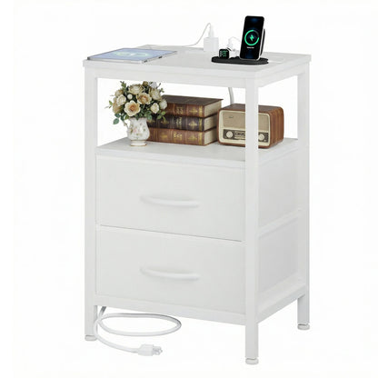 Nightstand with 2 Fabric Drawers, Open Shelf & Charging Station – Bedside End Table with USB Ports