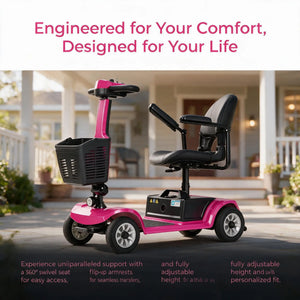 4-Wheel Electric Mobility Scooter for Adults, Swivel Seat, Puncture-Proof Tires, Portable Outdoor Travel Scooter with Basket