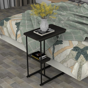 C-Shaped Side Table with Storage Shelf, Wood Grain Sofa Snack Table & Laptop Stand for Small Spaces