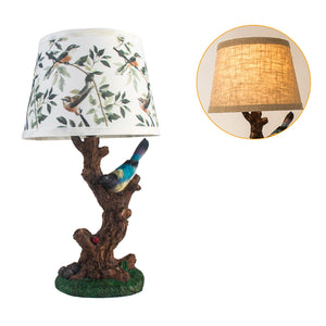 Decorative Bird Table Lamp with Resin Branch Base and Linen Fabric Shade for Bedroom and Living Room