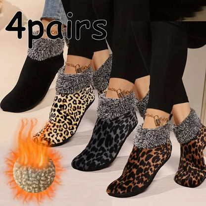 4 Pairs Women’s Winter Fuzzy Slipper Socks, Thick Warm Non-Slip Cozy Indoor House Socks for Cold Weather