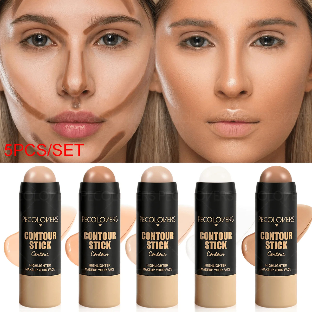 5-Piece Cream Concealer, Contour and Highlighter Stick Set, Full Coverage Face Makeup
