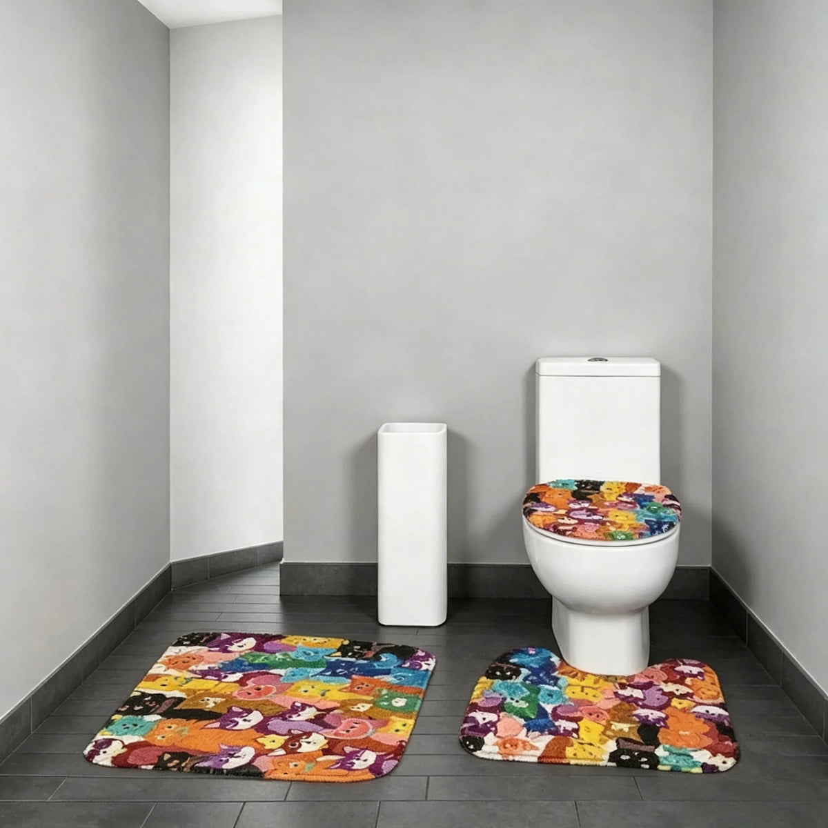Cartoon Cat Print Bathroom Rug Set, Non-Slip Bath Mat with Contour Toilet Mat & Toilet Lid Cover