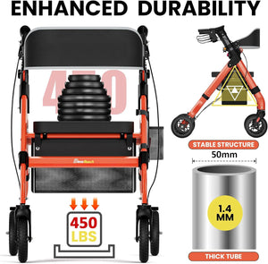Foldable Aluminum Rollator Walker with Seat, 8" All-Terrain Wheels, 450 lb Capacity