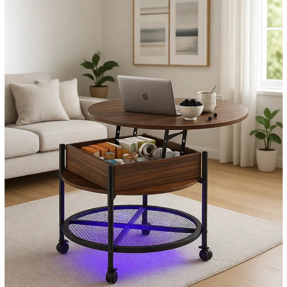 27" Lift-Top Coffee Table with Wheels, Storage & Lighting, Walnut Farmhouse Center Table with Metal Shelf