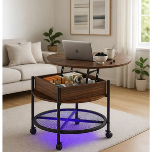 27" Lift-Top Coffee Table with Wheels, Storage & Lighting, Walnut Farmhouse Center Table with Metal Shelf