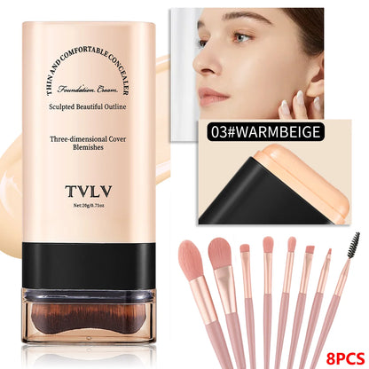 2-in-1 Foundation & Concealer Stick with Built-In Brush and 8-Piece Makeup Brush Set, Lightweight Coverage