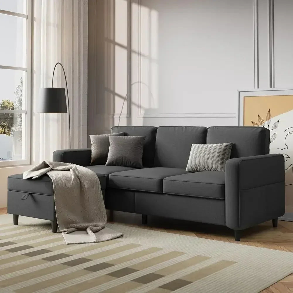 78-Inch L-Shaped Sectional Sofa – 3-Seat Grey Linen Couch with Storage Ottoman & Convertible Chaise for Small Spaces