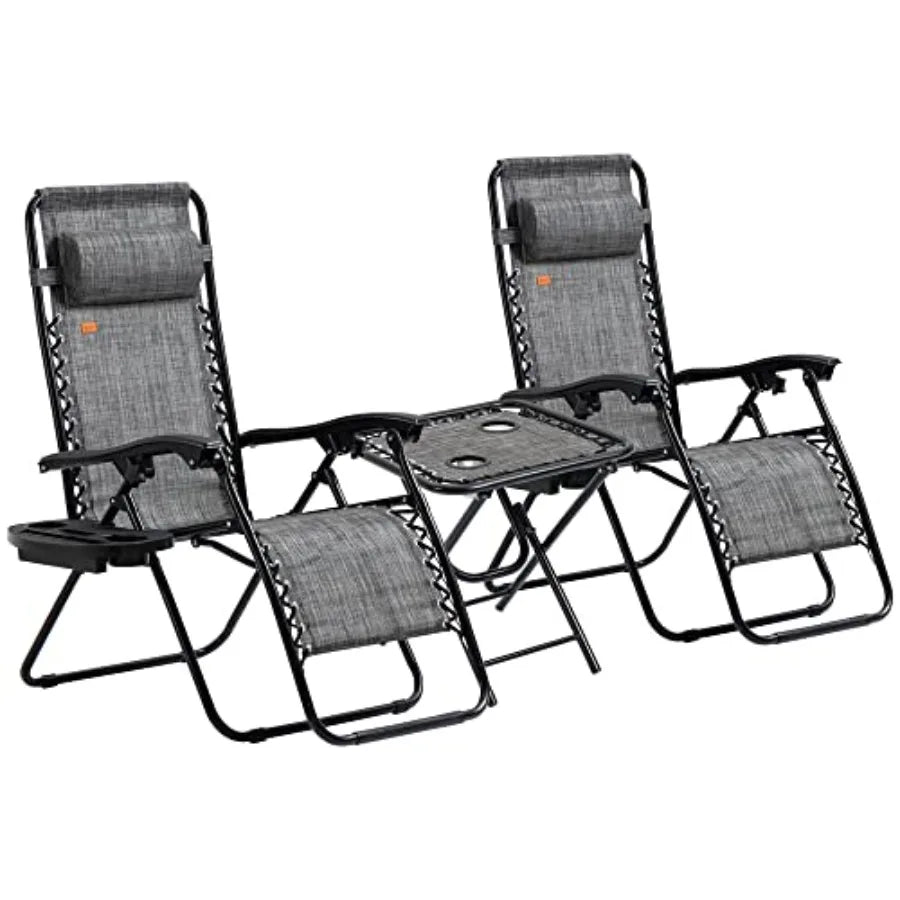 Zero Gravity Reclining Chair Set with Side Table – Folding Adjustable Outdoor Lounge Chairs with Cup Holders & Pillows for Pool, Patio & Backyard