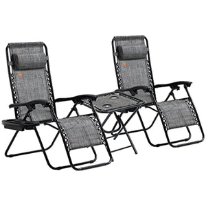 Zero Gravity Reclining Chair Set with Side Table – Folding Adjustable Outdoor Lounge Chairs with Cup Holders & Pillows for Pool, Patio & Backyard