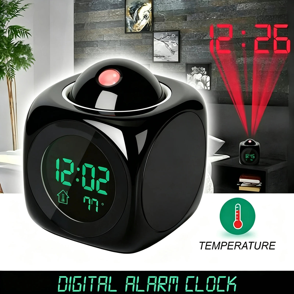 Digital Projection Alarm Clock with Voice Function, Snooze & Temperature Display, Adjustable Projector Desk Clock for Bedroom