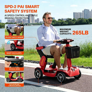Foldable Electric Mobility Scooter for Adults, All-Terrain Lightweight Portable 4-Wheel Travel Scooter, Red