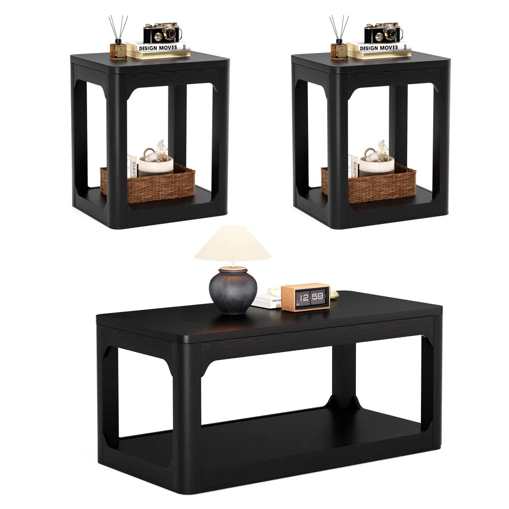 Modern 3-Piece Coffee Table Set with Side Tables, Rounded Edges & Storage for Living Room, Black