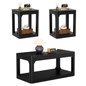 Modern 3-Piece Coffee Table Set with Side Tables, Rounded Edges & Storage for Living Room, Black
