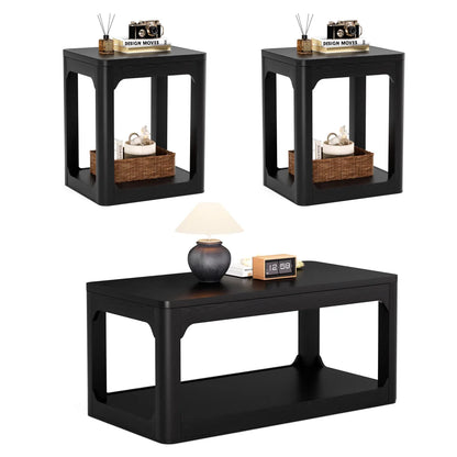 Modern 3-Piece Coffee Table Set with Side Tables, Rounded Edges & Storage for Living Room, Black