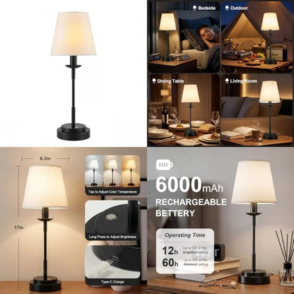 Cordless Rechargeable LED Table Lamp, 6000mAh Battery, 3 Light Colors, Stepless Dimming