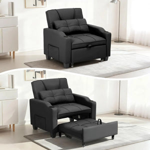 Convertible Reclining Sofa Bed with Vibration Massage – PU Leather Chaise Lounge Chair with Lumbar Pillow, Black
