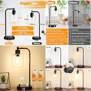 Industrial Table Lamp with Glass Shade, Stepless Dimming, USB-A and USB-C Charging Ports, Power Outlet, Bedside Desk Lamp