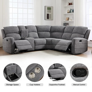 Large L-Shaped Reclining Sectional Sofa – Upholstered Corner Couch with Padded Headrests & 2 Cup Holders for Living Room