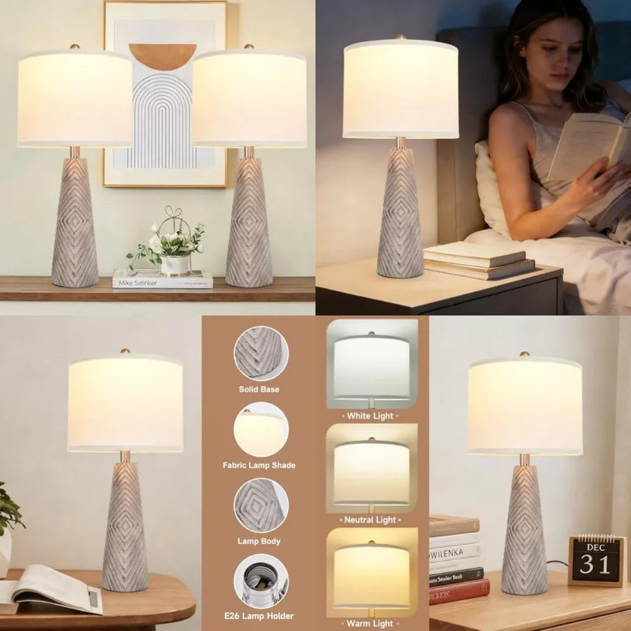 Rustic Farmhouse Bedside Table Lamps, Set of 2, with 3-Way Dimming and Horizontal Stripe Design