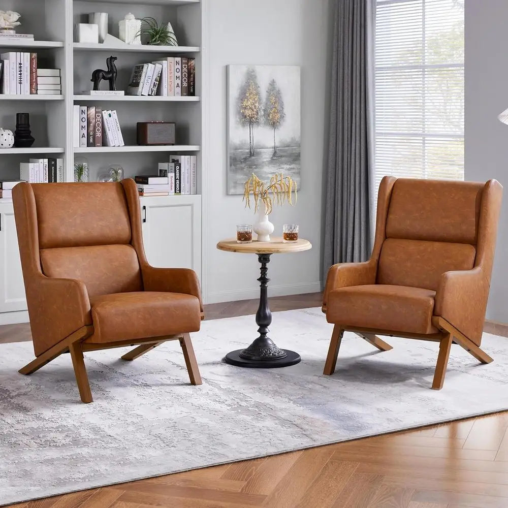 Set of 2 Faux Leather Accent Chairs – Oversized Upholstered Armchairs with Thick Seat Cushions & High Backrests for Living Room