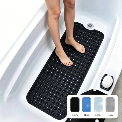 Extra Long Non-Slip Bathtub & Shower Mat 40x16 Inch, Suction Cups, Drain Holes, Machine Washable, Gray & Black