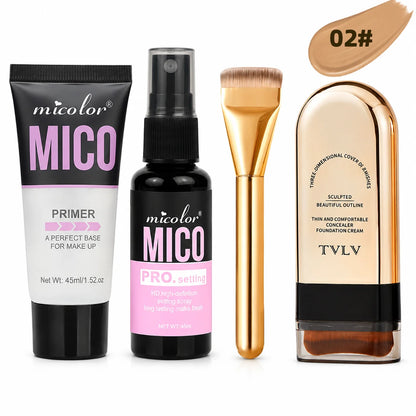4-in-1 Base Makeup Set, Hydrating Primer Gel, Setting Spray, Full Coverage Foundation Stick & Brush, Matte Finish