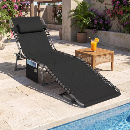 Outdoor Folding Chaise Lounge Chair – Adjustable Padded Recliner with Storage Pocket for Patio, Pool & Beach, Black
