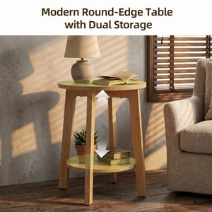 Round Wood Side Table with 2-Tier Storage Shelf, Coffee End Table for Living Room & Bedroom