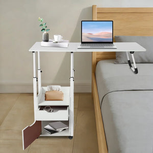 Height Adjustable Overbed Table with Storage Cabinet, 27.56–34.65 Inch Bedside Table with White Anti-Rust Metal Frame