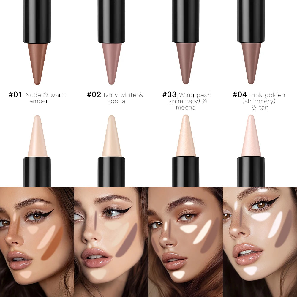 Dual-Ended Contour and Highlighter Stick, Cream Face Makeup for Nose and Cheek Definition, 4 Shades Available