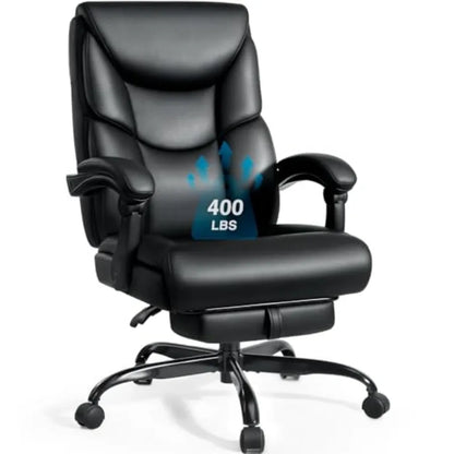 400 lb Big & Tall Reclining Office Chair with Footrest – High Back PU Leather Desk Chair with Lumbar Support & Spring Cushion