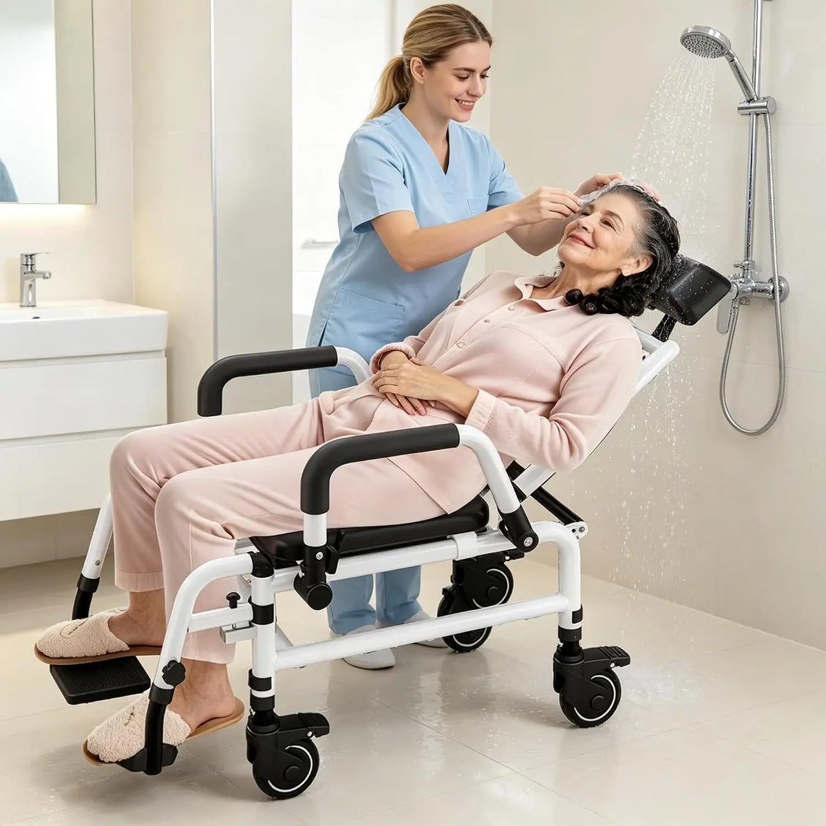 3-in-1 Shower Commode Wheelchair – Adjustable Reclining Bathroom Transport Chair with Removable Bedpan