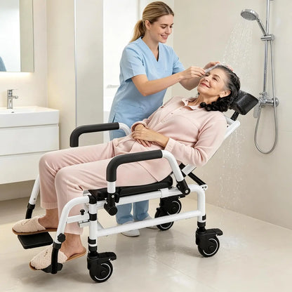3-in-1 Shower Commode Wheelchair – Adjustable Reclining Bathroom Transport Chair with Removable Bedpan