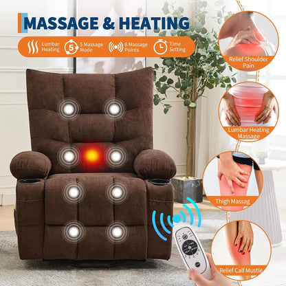 Power Lift Recliner Chair with Massage, Extra-Wide 57 cm Seat, High Back Linen Upholstered Sofa with Side Pocket
