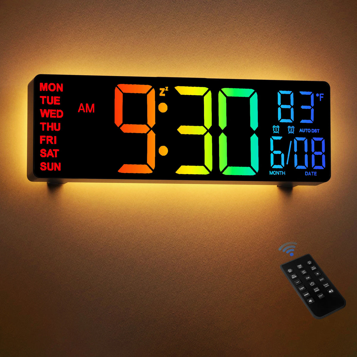 10.5-Inch LED Digital Wall Clock with Remote, 8-Color Backlight, Dual Alarms, Date & Temperature Display
