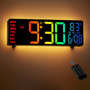 10.5-Inch LED Digital Wall Clock with Remote, 8-Color Backlight, Dual Alarms, Date & Temperature Display