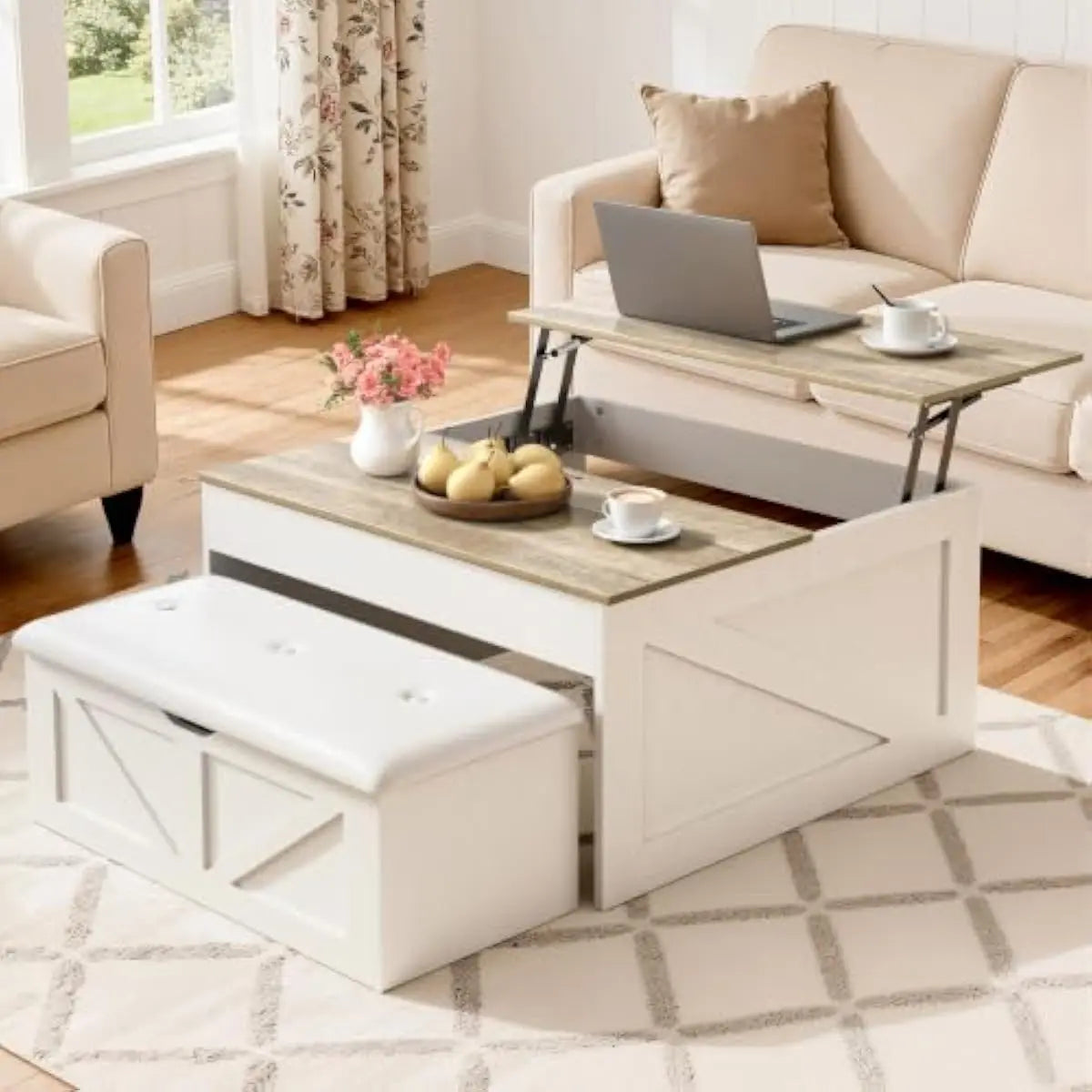 Lift-Top Coffee Table with Bench Storage, Gas-Lift Mechanism, White Engineered Wood Center Table