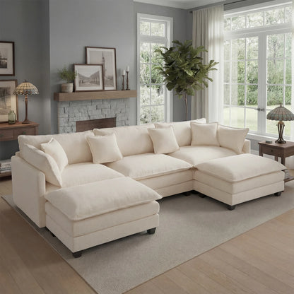 113.4-Inch Modular Cloud Sectional Sofa with Ottoman – Oversized Deep Seat Couch, Solid Wood Frame for Living Room