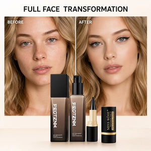 3-Piece Makeup Set, Full Coverage Matte Liquid Foundation & 2 Waterproof Black Gel Eyeliners