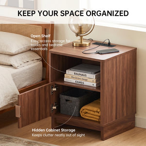 Fluted Wood Nightstand with Charging Station, Storage Drawers & Open Shelf, Bedside Table with 2 AC Outlets, USB-A & USB-C Ports