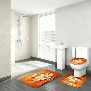 Fall Floral Bathroom Rug Set, Orange Flower Bath Mat & Toilet Lid Cover